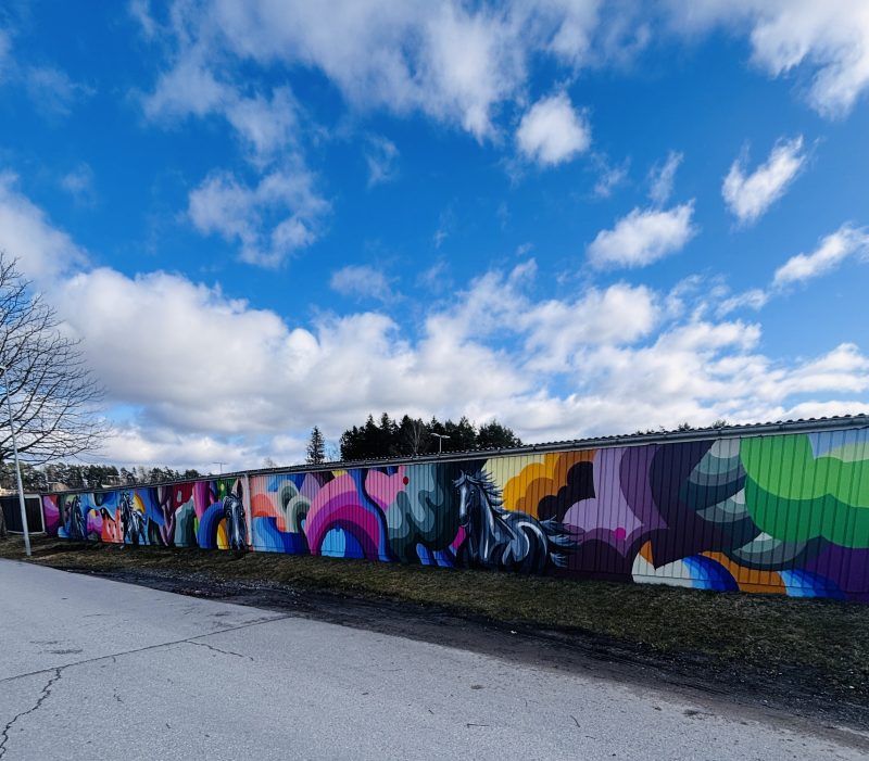 Muralmålning med hästtema på en garagelänga i Smedby vid Mälarvägen.